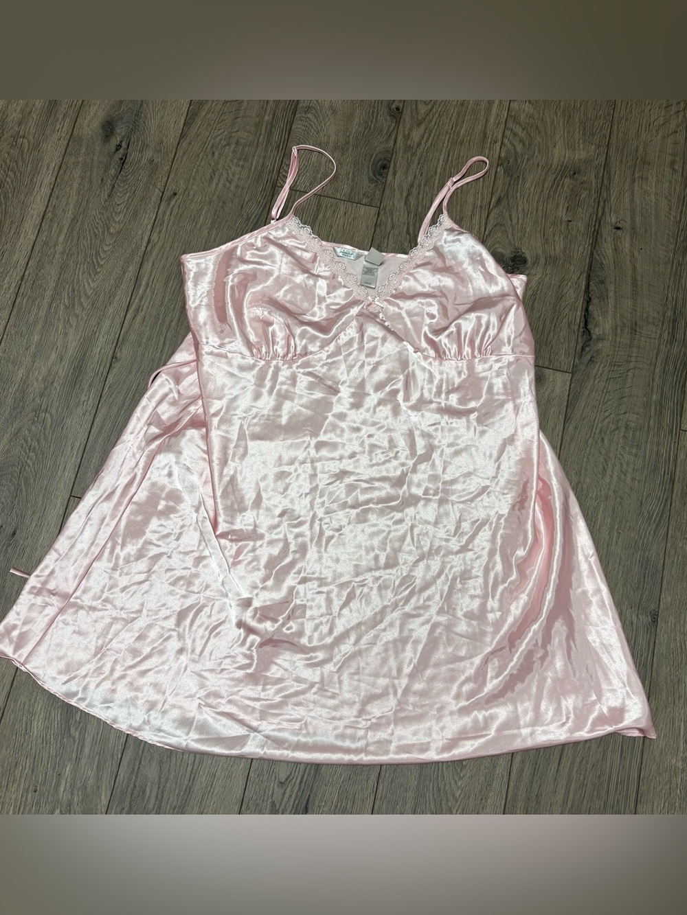 Vintage pink satin slip dress lace trim 2x
